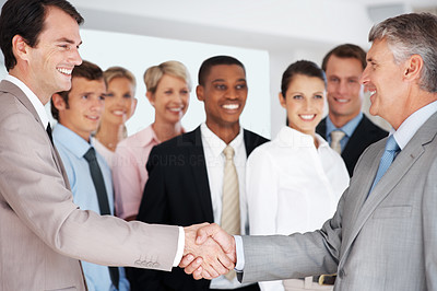 Business partners shaking hands with colleagues in background