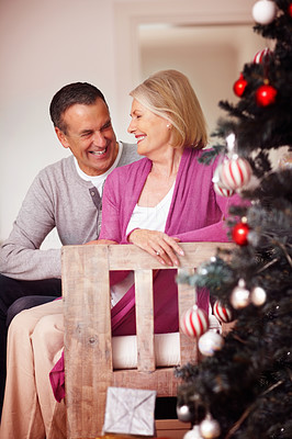 Loving mature couple near a Christmas tree looking at each other