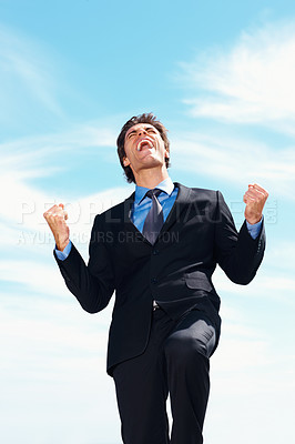 Victory- Successful business man with clenched fist against sky