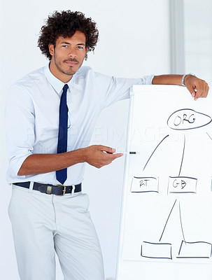 Handsome African American man giving a presentation using a flip chart