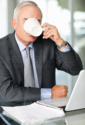 Senior man drinking tea or coffee while working on laptop
