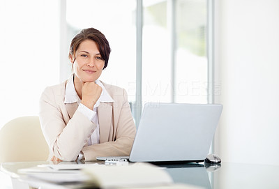 Happy middle aged business woman with laptop