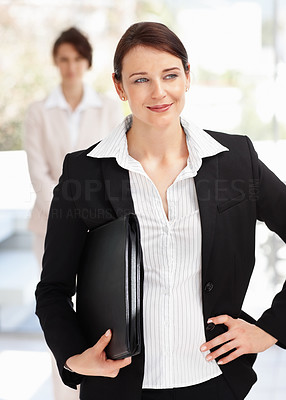 Business woman holding folder while blur colleague in background