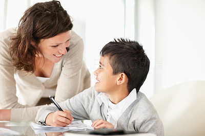 Middle aged lady helping her son to do homework