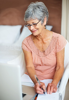 Smiling woman using the laptop at home writing down information