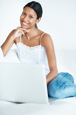 Beautiful woman using laptop at home
