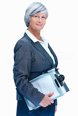 Portrait of a serious business woman holding writing pad