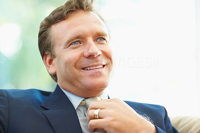 Middle aged business man adjusting tie , looking away