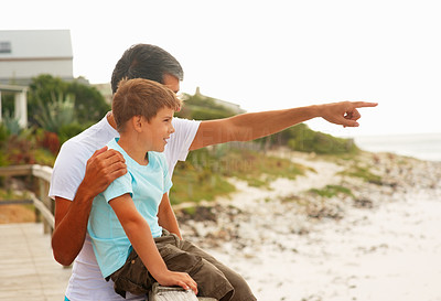 Father pointing towards the sea, showing something to his son