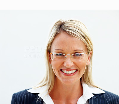 Closeup of a happy business woman isolated over white