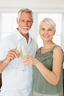 Portrait of a happy senior couple having a glass of champagne