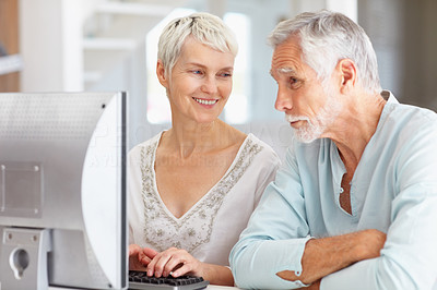 Happy senior couple working on a computer together
