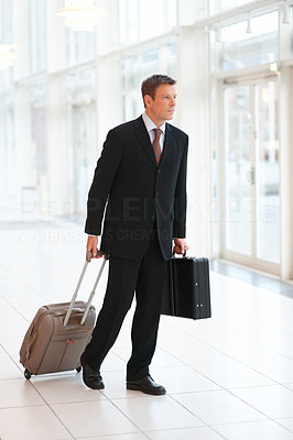 Handsome young business man holding a suitcase and bag