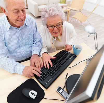 Senior couple working together on computer