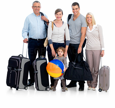 Portrait of a happy family prepared to go traveling