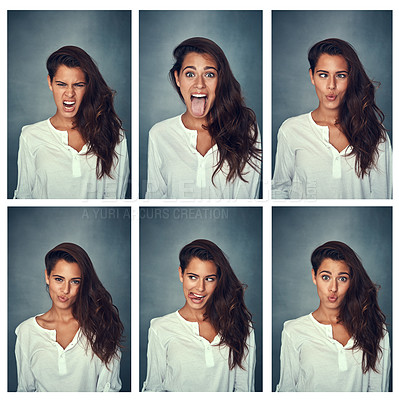 Buy stock photo Composite shot of a happy young woman pulling funny faces against a gray background in the studio