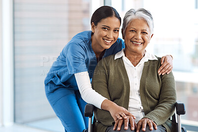 Buy stock photo Cropped portrait of an attractive young female nurse with a senior wheelchair-bound patient