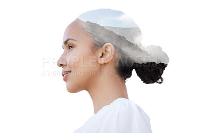 Buy stock photo Shot of a beautiful young woman with a mountain superimposed over her face against a white background