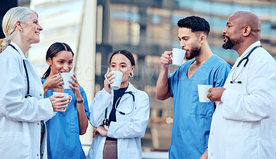 Buy stock photo Shot of a group of doctors drinking coffee in the city
