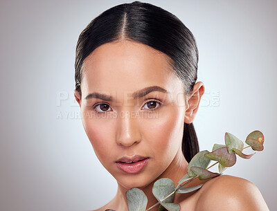 Buy stock photo Studio portrait of a beautiful young woman posing with eucalyptus against a grey background