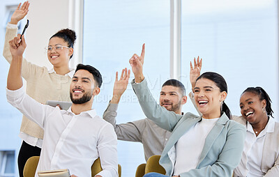 Buy stock photo Cropped shot of a young and diverse group of businesspeople raising their hands during a seminar in the conference room
