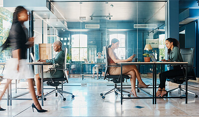 Buy stock photo Full length shot of attractive and diverse businesswomen working in their corporate office