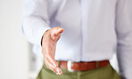 Closeup of one business man extending hand forward to greet and welcome with handshake. Networking and meeting for interview to agree on deal or offer. Collaborating on negotiation for job promotion