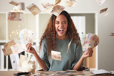 Buy stock photo One happy young mixed race woman feeling rich and successful while throwing money at home. Excited hispanic celebrating after saving and budgeting finances. Planning for the future or win a lottery