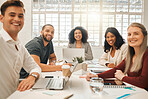 Portrait of happy businesspeople. Diverse group of architects in a meeting. Group of engineers planning, collaborating in a meeting. Smiling businesspeople together in a meeting