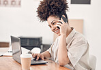 Young happy mixed race businesswoman on a call while working on a laptop at work. Cheerful hispanic female businessperson talking on a cellphone while checking her emails in an office